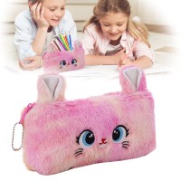 Cute Pencil Pouch | Fashionable Soft Plush Cat Pen Pouch Case Gradient Colors Large Capacity Pencil