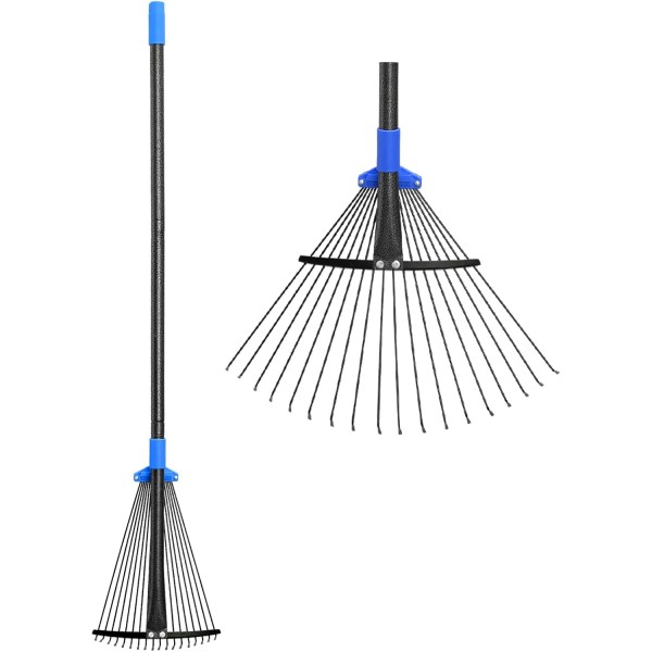 Adjustable Metal Leaf Rake Long Handle, Garden Rakes for Lawns Heavy Duty Leaves with Expandable Head 8-17", Yard Women Kids Rake for Gardening RV Camping