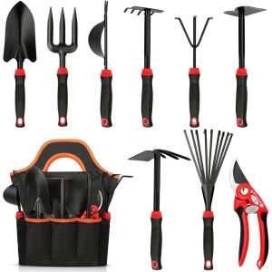 10 Pack Garden Tool Set - Carbon Steel Heavy Duty Gardening Set with Non-Slip Handles & Carry Bag Garden Hand Tools Gift for Women and Men