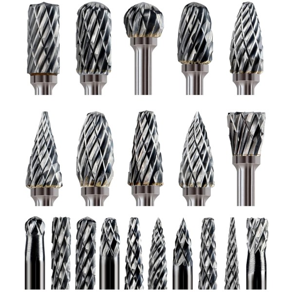 20 Pcs Carbide Burr Bits 1/8" Shank Compatible with Dremel Milwaukee Metal Grinding Wood Stone Steel Carving Cutting Engraving Grinder Kit Attachment Rotary Tool Accessories Set Harder than Diamond