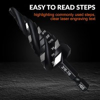 Four Spiral Flute Step Drill Bit, HSS Step Drill Bit3/16-7/8 (12 Steps) Unibit Step Drill Bit, 1/4" Shank Step Bits for Aluminum, Wood, Plastic, Metal