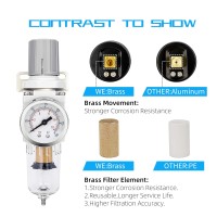 1/4" NPT Compressed Air Filter Regulator Combo Piggyback, 5 Micron Brass Element, Poly Bowl, Semi-Auto Drain, Metal Bracket, 0-150 psi Gauge