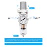 1/4" NPT Compressed Air Filter Regulator Combo Piggyback, 5 Micron Brass Element, Poly Bowl, Semi-Auto Drain, Metal Bracket, 0-150 psi Gauge