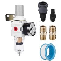 1/4" NPT Compressed Air Filter Regulator Combo Piggyback, 5 Micron Brass Element, Poly Bowl, Semi-Auto Drain, Metal Bracket, 0-150 psi Gauge