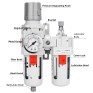 3/8" NPT Compressed Air Filter Regulator Lubricator Combo Water/Oil Trap Separator - Gauge(0-150 psi), Poly Bowl, Semi-Auto Drain, Bracket - 3 in 1 Two Unit