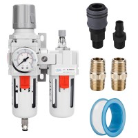 3/8" NPT Compressed Air Filter Regulator Lubricator Combo Water/Oil Trap Separator - Gauge(0-150 psi), Poly Bowl, Semi-Auto Drain, Bracket - 3 in 1 Two Unit