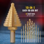 10 Sizes Titanium Step Drill Bit, 1/4 to 1-3/8 Inches High Speed Steel Drill Cone Bits for Sheet Metal Hole Drilling Cutting, HSS Multi Size Hole Stepped Up Unibit for DIY Lovers Electrician - Image 3